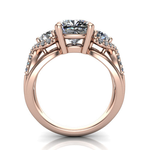 Amara cushion three stone engagement ring in 14K Rose Gold, through-finger front profile showing the three-stone head raised above the woven split band