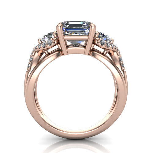 Amara asscher three stone engagement ring in 14K Rose Gold, through-finger front profile showing the three-stone head raised above the woven split band