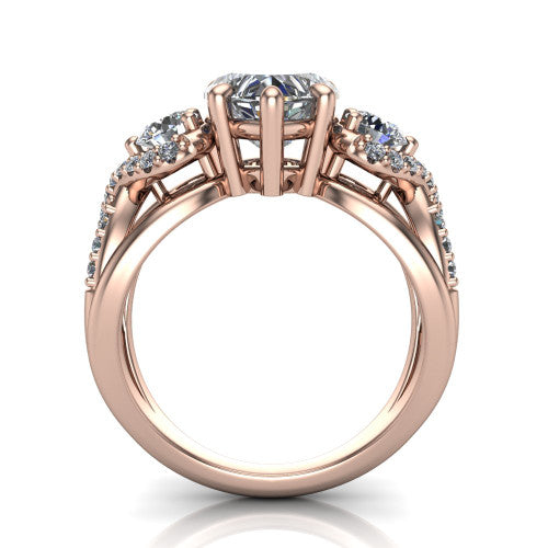 Amara heart three stone engagement ring in 14K Rose Gold, through-finger front profile showing the three-stone head raised above the woven split band