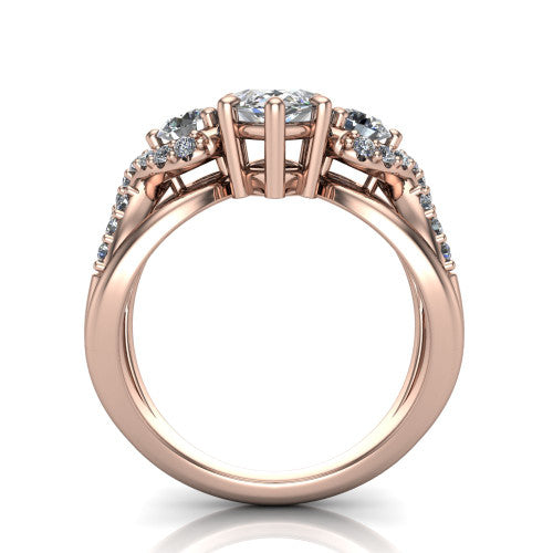 Amara marquise three stone engagement ring in 14K Rose Gold, through-finger front profile showing the three-stone head raised above the woven split band