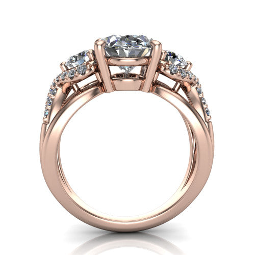 Amara oval three stone engagement ring in 14K Rose Gold, through-finger front profile showing the three-stone head raised above the woven split band