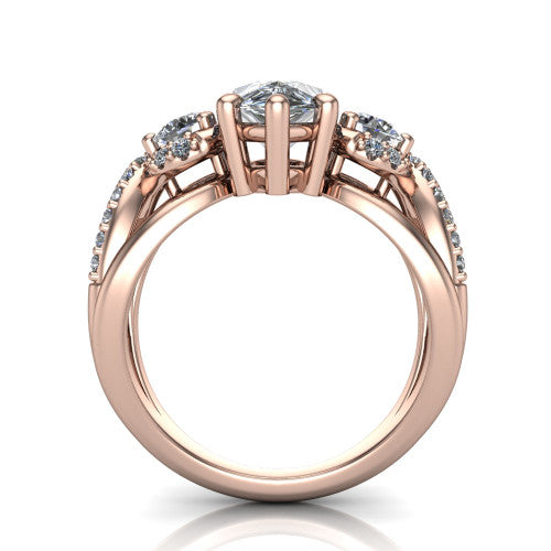 Amara pear three stone engagement ring in 18K Rose Gold, through-finger front profile showing the three-stone head raised above the woven split band