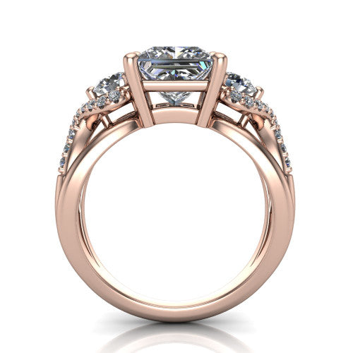 Amara princess three stone engagement ring in 14K Rose Gold, through-finger front profile showing the three-stone head raised above the woven split band