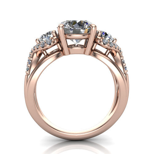 Amara round three stone engagement ring in 14K Rose Gold, through-finger front profile showing the three-stone head raised above the woven split band