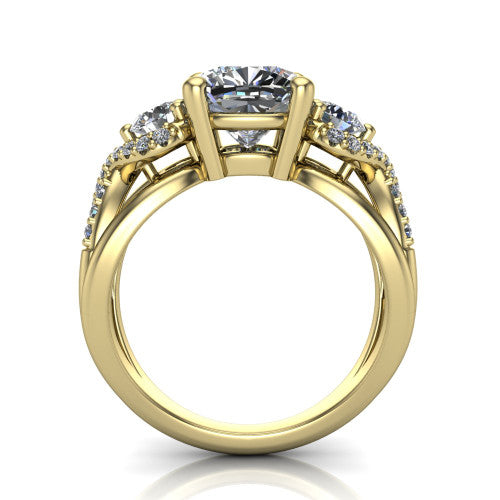 Amara cushion three stone engagement ring in 14K Yellow Gold, through-finger front profile showing the three-stone head raised above the woven split band