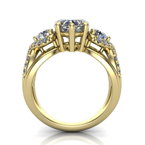 Amara heart three stone engagement ring in 14K Yellow Gold, through-finger front profile showing the three-stone head raised above the woven split band