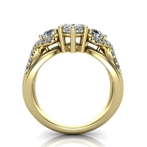 Amara marquise three stone engagement ring in 14K Yellow Gold, through-finger front profile showing the three-stone head raised above the woven split band