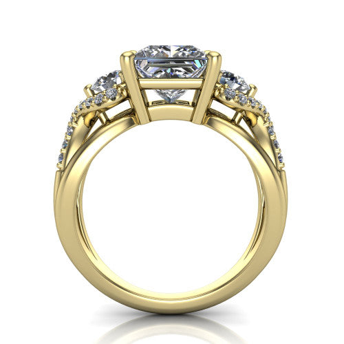 Amara princess three stone engagement ring in 18K Yellow Gold, through-finger front profile showing the three-stone head raised above the woven split band