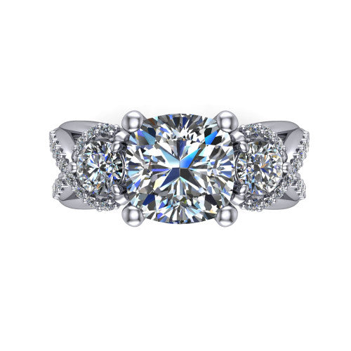 Amara cushion three stone engagement ring in Platinum, top-down view showing the center diamond flanked by two round side stones woven into a pav&eacute; infinity twist