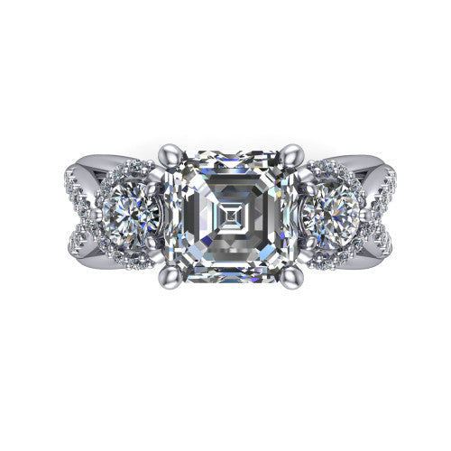 Amara asscher three stone engagement ring in Platinum, top-down view showing the center diamond flanked by two round side stones woven into a pav&eacute; infinity twist
