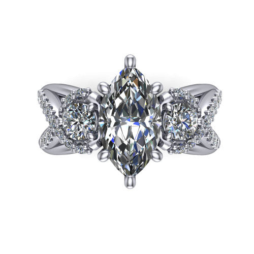 Amara marquise three stone engagement ring in Platinum, top-down view showing the center diamond flanked by two round side stones woven into a pav&eacute; infinity twist