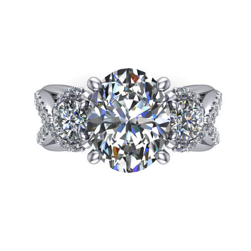 Amara oval three stone engagement ring in Platinum, top-down view showing the center diamond flanked by two round side stones woven into a pav&eacute; infinity twist