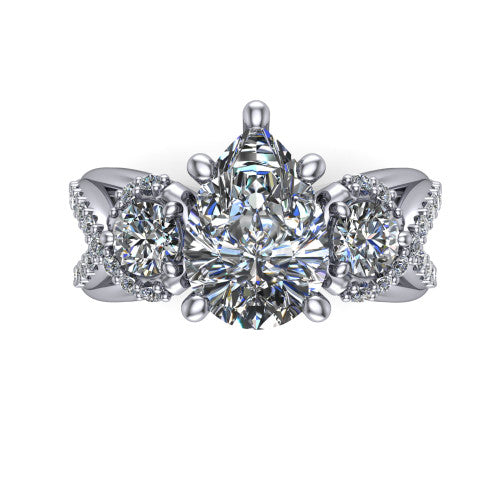 Amara pear three stone engagement ring in Platinum, top-down view showing the center diamond flanked by two round side stones woven into a pav&eacute; infinity twist