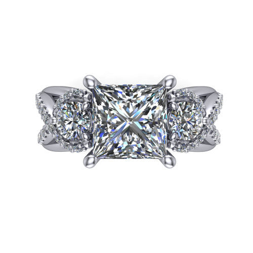 Amara princess three stone engagement ring in Platinum, top-down view showing the center diamond flanked by two round side stones woven into a pav&eacute; infinity twist