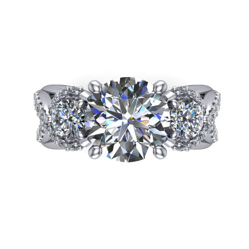 Amara round three stone engagement ring in 18K White Gold, top-down view showing the center diamond flanked by two round side stones woven into a pav&eacute; infinity twist