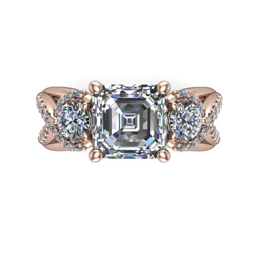 Amara asscher three stone engagement ring in 14K Rose Gold, top-down view showing the center diamond flanked by two round side stones woven into a pav&eacute; infinity twist