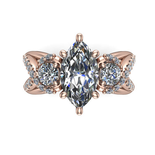 Amara marquise three stone engagement ring in 14K Rose Gold, top-down view showing the center diamond flanked by two round side stones woven into a pav&eacute; infinity twist