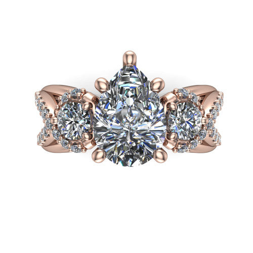 Amara pear three stone engagement ring in 18K Rose Gold, top-down view showing the center diamond flanked by two round side stones woven into a pav&eacute; infinity twist