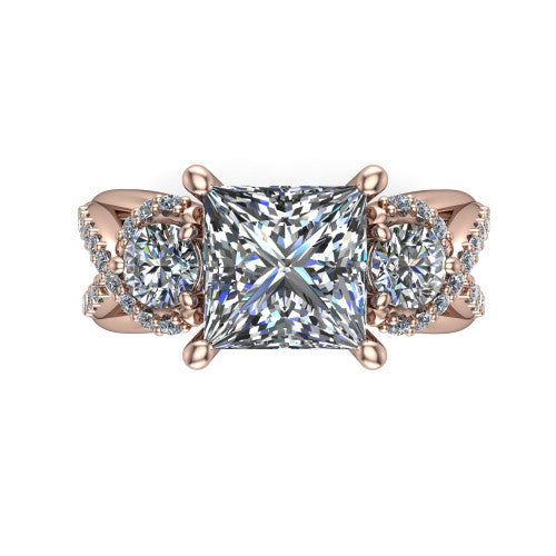 Amara princess three stone engagement ring in 18K Rose Gold, top-down view showing the center diamond flanked by two round side stones woven into a pav&eacute; infinity twist