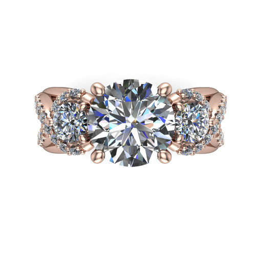 Amara round three stone engagement ring in 14K Rose Gold, top-down view showing the center diamond flanked by two round side stones woven into a pav&eacute; infinity twist