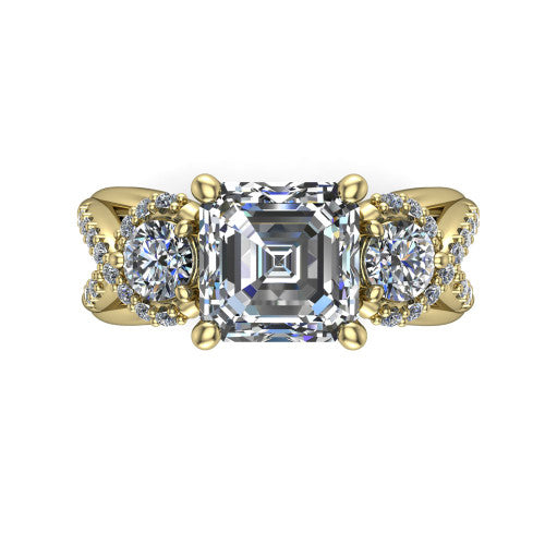 Amara asscher three stone engagement ring in 18K Yellow Gold, top-down view showing the center diamond flanked by two round side stones woven into a pav&eacute; infinity twist