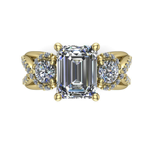 Amara emerald three stone engagement ring in 14K Yellow Gold, top-down view showing the center diamond flanked by two round side stones woven into a pav&eacute; infinity twist