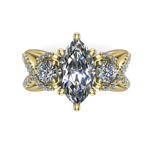 Amara marquise three stone engagement ring in 14K Yellow Gold, top-down view showing the center diamond flanked by two round side stones woven into a pav&eacute; infinity twist