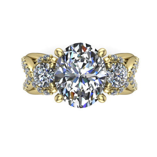 Amara oval three stone engagement ring in 18K Yellow Gold, top-down view showing the center diamond flanked by two round side stones woven into a pav&eacute; infinity twist