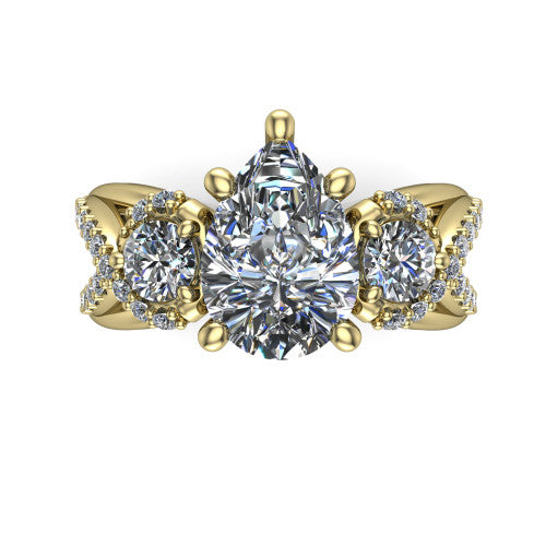 Amara pear three stone engagement ring in 14K Yellow Gold, top-down view showing the center diamond flanked by two round side stones woven into a pav&eacute; infinity twist