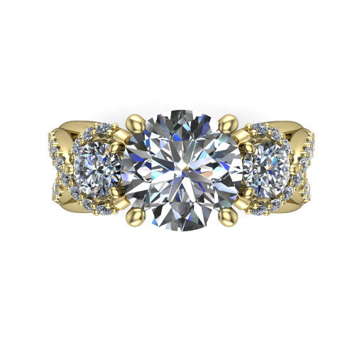 Amara round three stone engagement ring in 18K Yellow Gold, top-down view showing the center diamond flanked by two round side stones woven into a pav&eacute; infinity twist