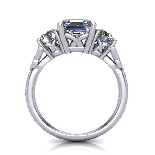 Zion asscher three stone engagement ring in 14K White Gold, through-finger front profile showing the three-stone head raised above the Celtic knot shoulders and pav&eacute; band