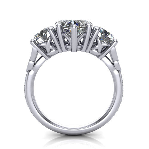 Zion heart three stone engagement ring in 18K White Gold, through-finger front profile showing the three-stone head raised above the Celtic knot shoulders and pav&eacute; band