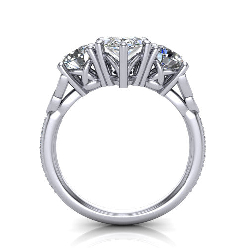 Zion marquise three stone engagement ring in 14K White Gold, through-finger front profile showing the three-stone head raised above the Celtic knot shoulders and pav&eacute; band