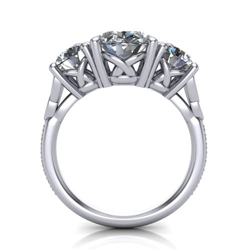 Zion oval three stone engagement ring in 18K White Gold, through-finger front profile showing the three-stone head raised above the Celtic knot shoulders and pav&eacute; band