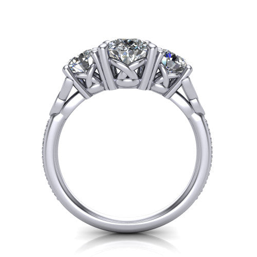 Zion pear three stone engagement ring in 14K White Gold, through-finger front profile showing the three-stone head raised above the Celtic knot shoulders and pav&eacute; band