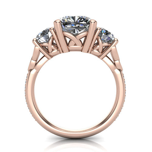 Zion cushion three stone engagement ring in 18K Rose Gold, through-finger front profile showing the three-stone head raised above the Celtic knot shoulders and pav&eacute; band