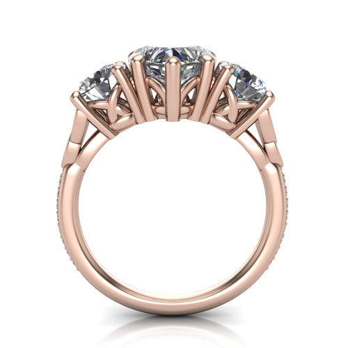 Zion heart three stone engagement ring in 14K Rose Gold, through-finger front profile showing the three-stone head raised above the Celtic knot shoulders and pav&eacute; band