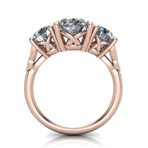 Zion oval three stone engagement ring in 18K Rose Gold, through-finger front profile showing the three-stone head raised above the Celtic knot shoulders and pav&eacute; band
