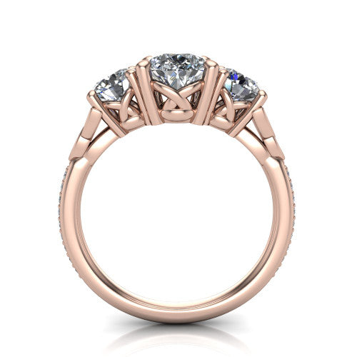 Zion pear three stone engagement ring in 18K Rose Gold, through-finger front profile showing the three-stone head raised above the Celtic knot shoulders and pav&eacute; band