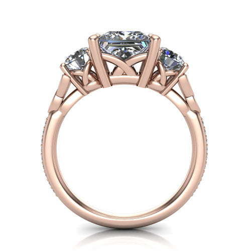 Zion princess three stone engagement ring in 14K Rose Gold, through-finger front profile showing the three-stone head raised above the Celtic knot shoulders and pav&eacute; band