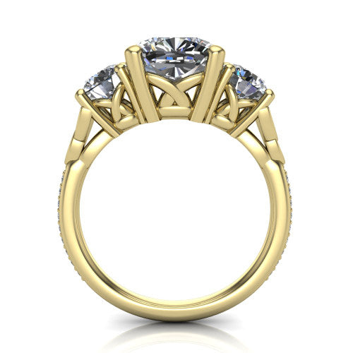 Zion cushion three stone engagement ring in 14K Yellow Gold, through-finger front profile showing the three-stone head raised above the Celtic knot shoulders and pav&eacute; band