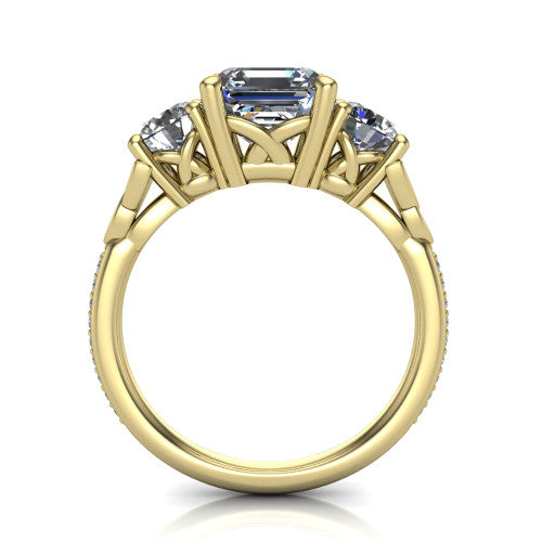 Zion asscher three stone engagement ring in 14K Yellow Gold, through-finger front profile showing the three-stone head raised above the Celtic knot shoulders and pav&eacute; band