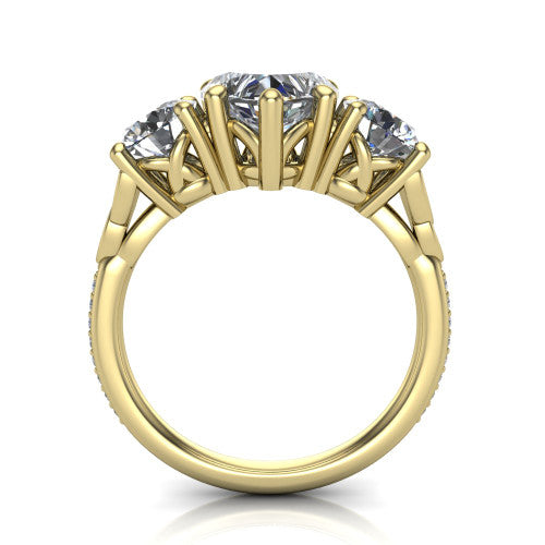 Zion heart three stone engagement ring in 18K Yellow Gold, through-finger front profile showing the three-stone head raised above the Celtic knot shoulders and pav&eacute; band