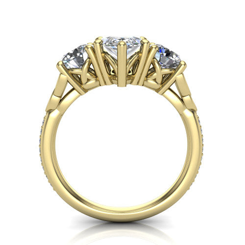 Zion marquise three stone engagement ring in 14K Yellow Gold, through-finger front profile showing the three-stone head raised above the Celtic knot shoulders and pav&eacute; band
