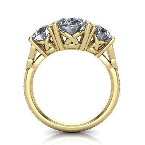 Zion oval three stone engagement ring in 14K Yellow Gold, through-finger front profile showing the three-stone head raised above the Celtic knot shoulders and pav&eacute; band