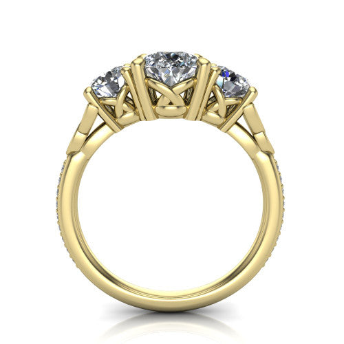 Zion pear three stone engagement ring in 18K Yellow Gold, through-finger front profile showing the three-stone head raised above the Celtic knot shoulders and pav&eacute; band