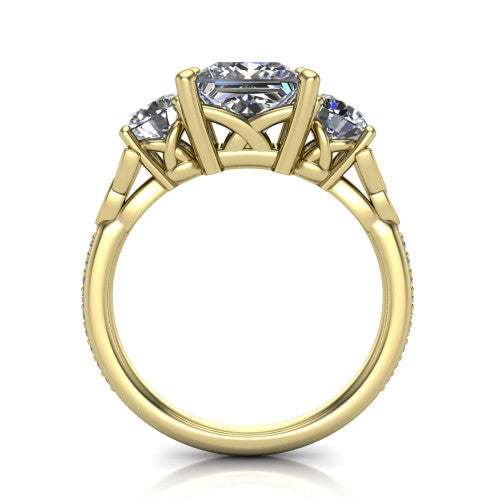 Zion princess three stone engagement ring in 18K Yellow Gold, through-finger front profile showing the three-stone head raised above the Celtic knot shoulders and pav&eacute; band
