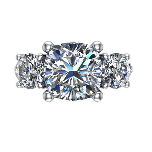 Zion cushion three stone engagement ring in 14K White Gold, top-down view showing the center diamond flanked by two round side stones and trinity-knot shoulder detailing