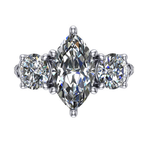 Zion marquise three stone engagement ring in 14K White Gold, top-down view showing the center diamond flanked by two round side stones and trinity-knot shoulder detailing