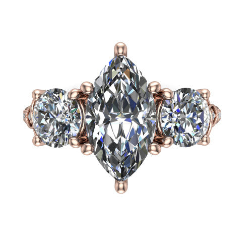Zion marquise three stone engagement ring in 14K Rose Gold, top-down view showing the center diamond flanked by two round side stones and trinity-knot shoulder detailing